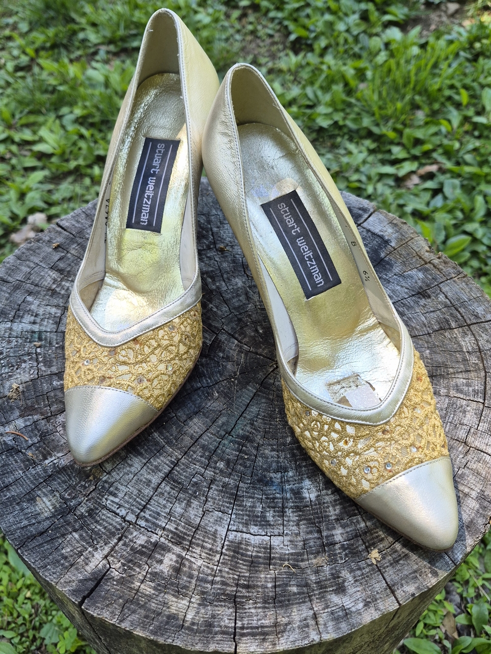 Stuart Weitzman Gold Lace Pointed-Toe Pumps